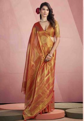 Women's rust tissue silk blend zari woven saree with unstitched silk blend blouse piece 2