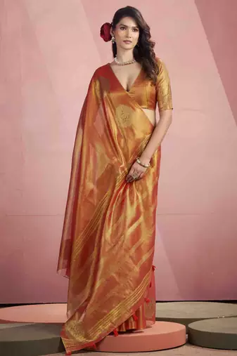 Women's rust tissue silk blend zari woven saree with unstitched silk blend blouse piece