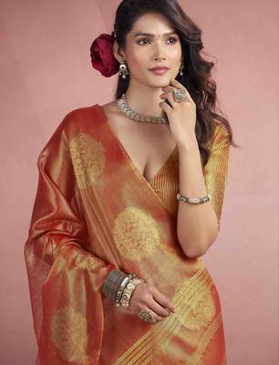 Women's rust tissue silk blend zari woven saree with unstitched silk blend blouse piece 3