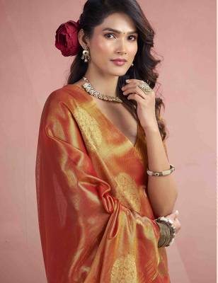 Women's rust tissue silk blend zari woven saree with unstitched silk blend blouse piece 4