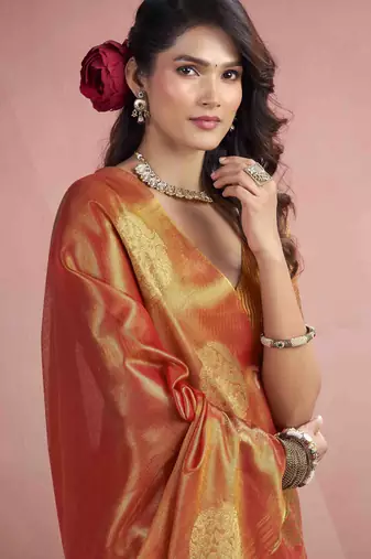 Women's rust tissue silk blend zari woven saree with unstitched silk blend blouse piece