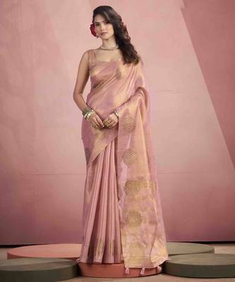 Women's peach tissue silk blend zari woven saree with unstitched silk blend blouse piece 1