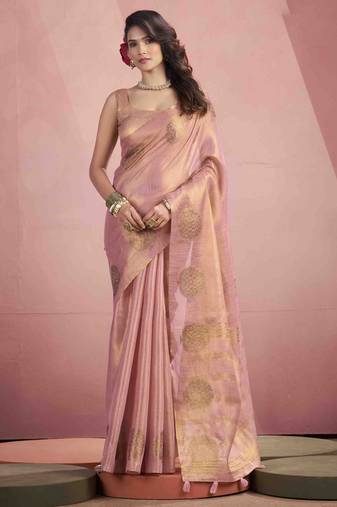 Women's peach tissue silk zari woven saree with unstitched silk blouse piece