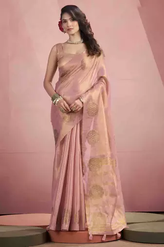 Women's peach tissue silk zari woven saree with unstitched silk blouse piece