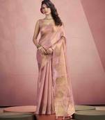 Women's peach tissue silk zari woven saree with unstitched silk blouse piece
