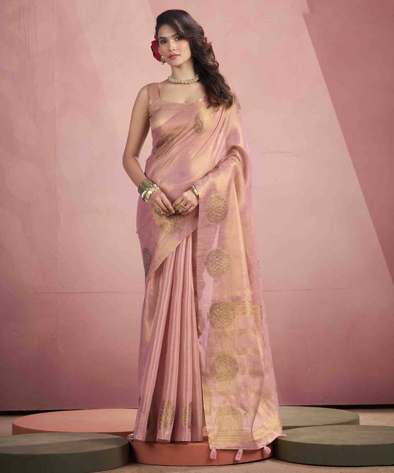 Women's peach tissue silk zari woven saree with unstitched silk blouse piece