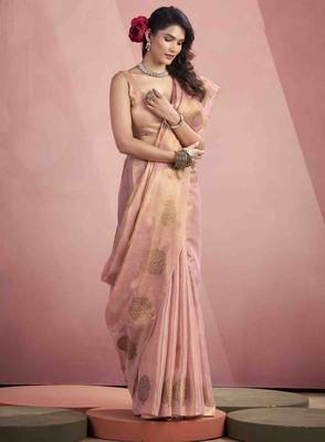 Women's peach tissue silk blend zari woven saree with unstitched silk blend blouse piece 2