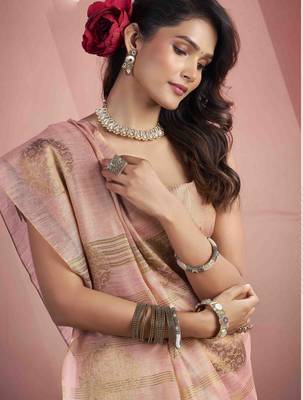 Women's peach tissue silk blend zari woven saree with unstitched silk blend blouse piece 3