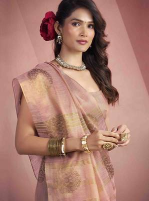 Women's peach tissue silk blend zari woven saree with unstitched silk blend blouse piece 4