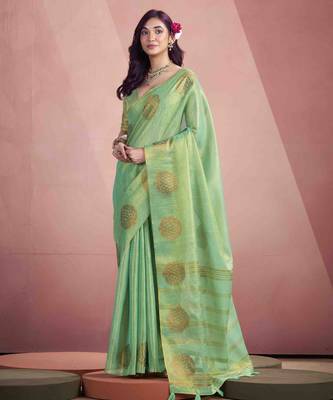 Women's sea green tissue silk blend zari woven saree with unstitched silk blend blouse piece 1