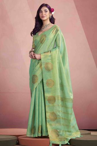 Women's sea green tissue silk zari woven saree with unstitched silk blouse piece
