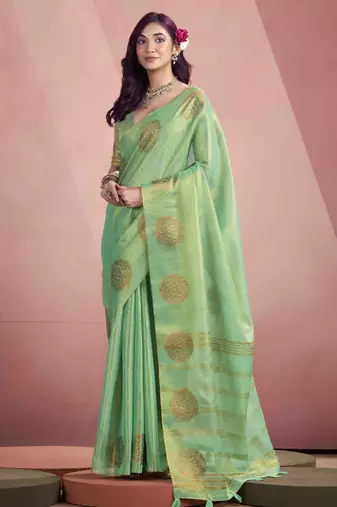 Women's sea green tissue silk zari woven saree with unstitched silk blouse piece