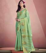 Women's sea green tissue silk zari woven saree with unstitched silk blouse piece