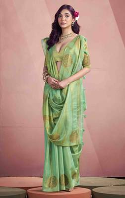 Women's sea green tissue silk blend zari woven saree with unstitched silk blend blouse piece 2