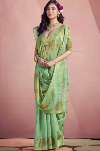 Women's sea green tissue silk blend zari woven saree with unstitched silk blend blouse piece