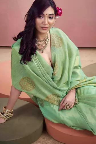 Women's sea green tissue silk blend zari woven saree with unstitched silk blend blouse piece