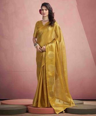 Women's mustard tissue silk blend zari woven saree with unstitched silk blend blouse piece 1