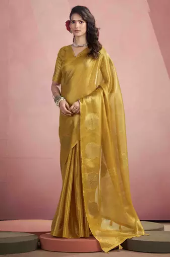 Women's mustard tissue silk zari woven saree with unstitched silk blouse piece