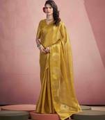 Women's mustard tissue silk zari woven saree with unstitched silk blouse piece