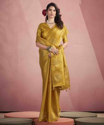 Women's mustard tissue silk blend zari woven saree with unstitched silk blend blouse piece 2