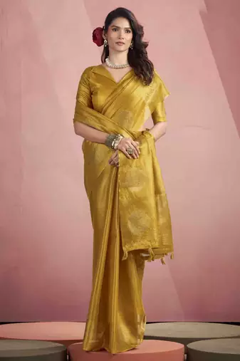 Women's mustard tissue silk blend zari woven saree with unstitched silk blend blouse piece