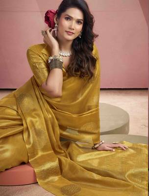 Women's mustard tissue silk blend zari woven saree with unstitched silk blend blouse piece 3