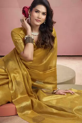 Women's mustard tissue silk blend zari woven saree with unstitched silk blend blouse piece