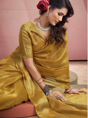 Women's mustard tissue silk blend zari woven saree with unstitched silk blend blouse piece 4