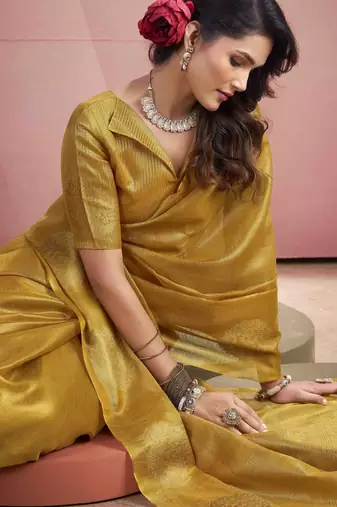 Women's mustard tissue silk blend zari woven saree with unstitched silk blend blouse piece
