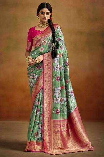 Women's green tissue silk kalamkari saree with unstitched silk blouse piece