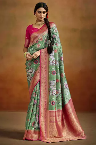 Women's green tissue silk kalamkari saree with unstitched silk blouse piece