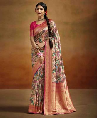 Women's beige tissue silk blend kalamkari saree with unstitched silk blend blouse piece 1
