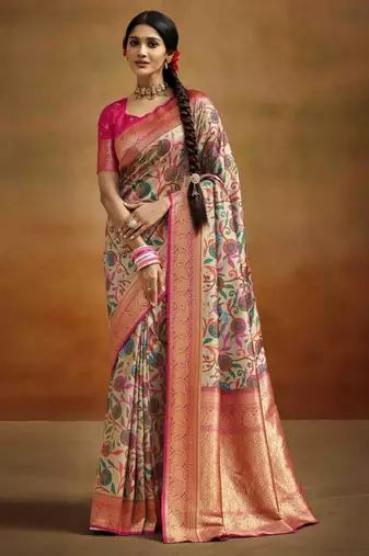 Women's beige tissue silk kalamkari saree with unstitched silk blouse piece