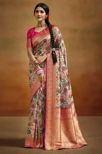 Women's beige tissue silk blend kalamkari saree with unstitched silk blend blouse piece