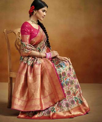 Women's beige tissue silk blend kalamkari saree with unstitched silk blend blouse piece 3