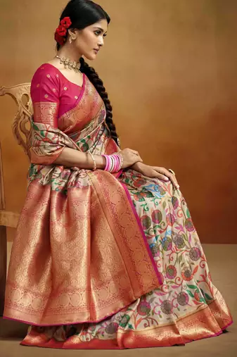 Women's beige tissue silk blend kalamkari saree with unstitched silk blend blouse piece