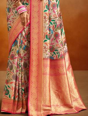 Women's beige tissue silk blend kalamkari saree with unstitched silk blend blouse piece 4