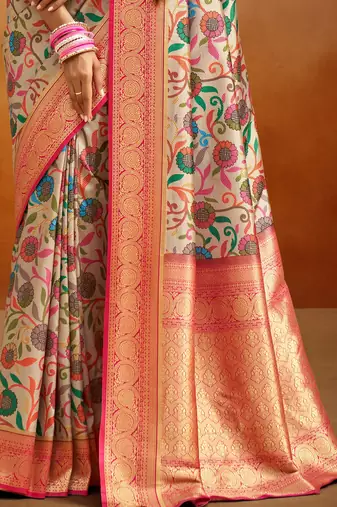 Women's beige tissue silk blend kalamkari saree with unstitched silk blend blouse piece