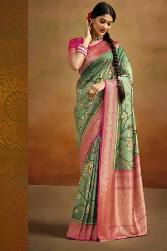Women's green tissue silk kalamkari saree with unstitched silk blouse piece