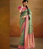 Women's green tissue silk kalamkari saree with unstitched silk blouse piece
