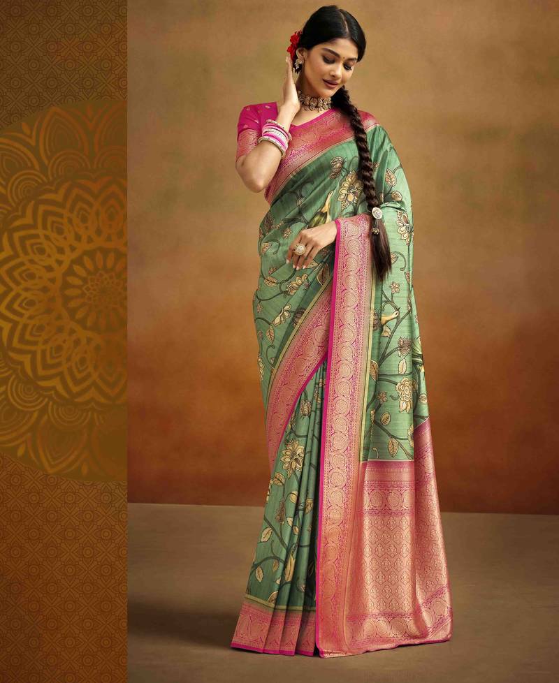 Women's green tissue silk kalamkari saree with unstitched silk blouse piece