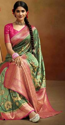 Women's green tissue silk blend kalamkari saree with unstitched silk blend blouse piece 2