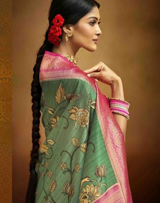 Women's green tissue silk blend kalamkari saree with unstitched silk blend blouse piece 3