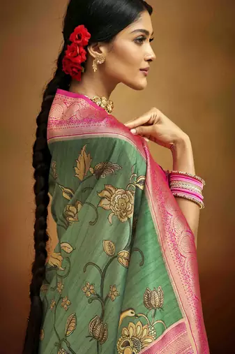 Women's green tissue silk blend kalamkari saree with unstitched silk blend blouse piece