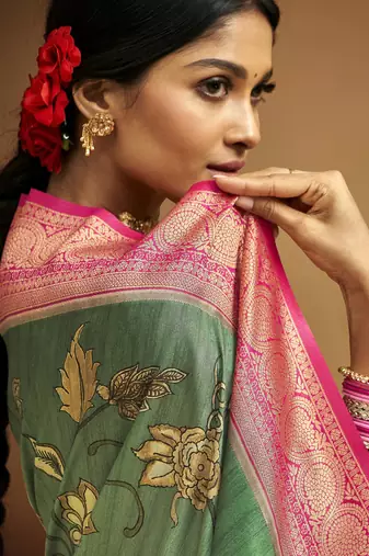 Women's green tissue silk blend kalamkari saree with unstitched silk blend blouse piece