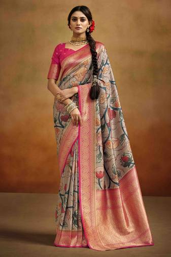 Women's brown tissue silk kalamkari saree with unstitched silk blouse piece