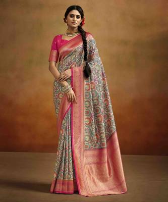 Women's peach tissue silk blend kalamkari saree with unstitched silk blend blouse piece 1