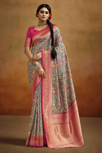 Women's peach tissue silk kalamkari saree with unstitched silk blouse piece