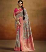 Women's peach tissue silk kalamkari saree with unstitched silk blouse piece