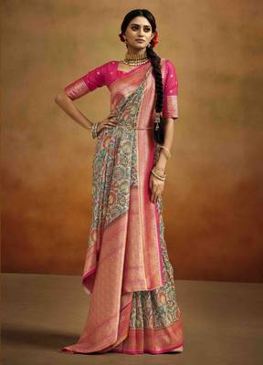 Women's peach tissue silk blend kalamkari saree with unstitched silk blend blouse piece 2